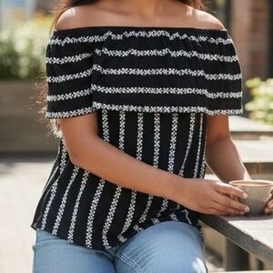 Knox Rose Off The Shoulder Embroidered Top Black White Floral Stripe Size L Boho
